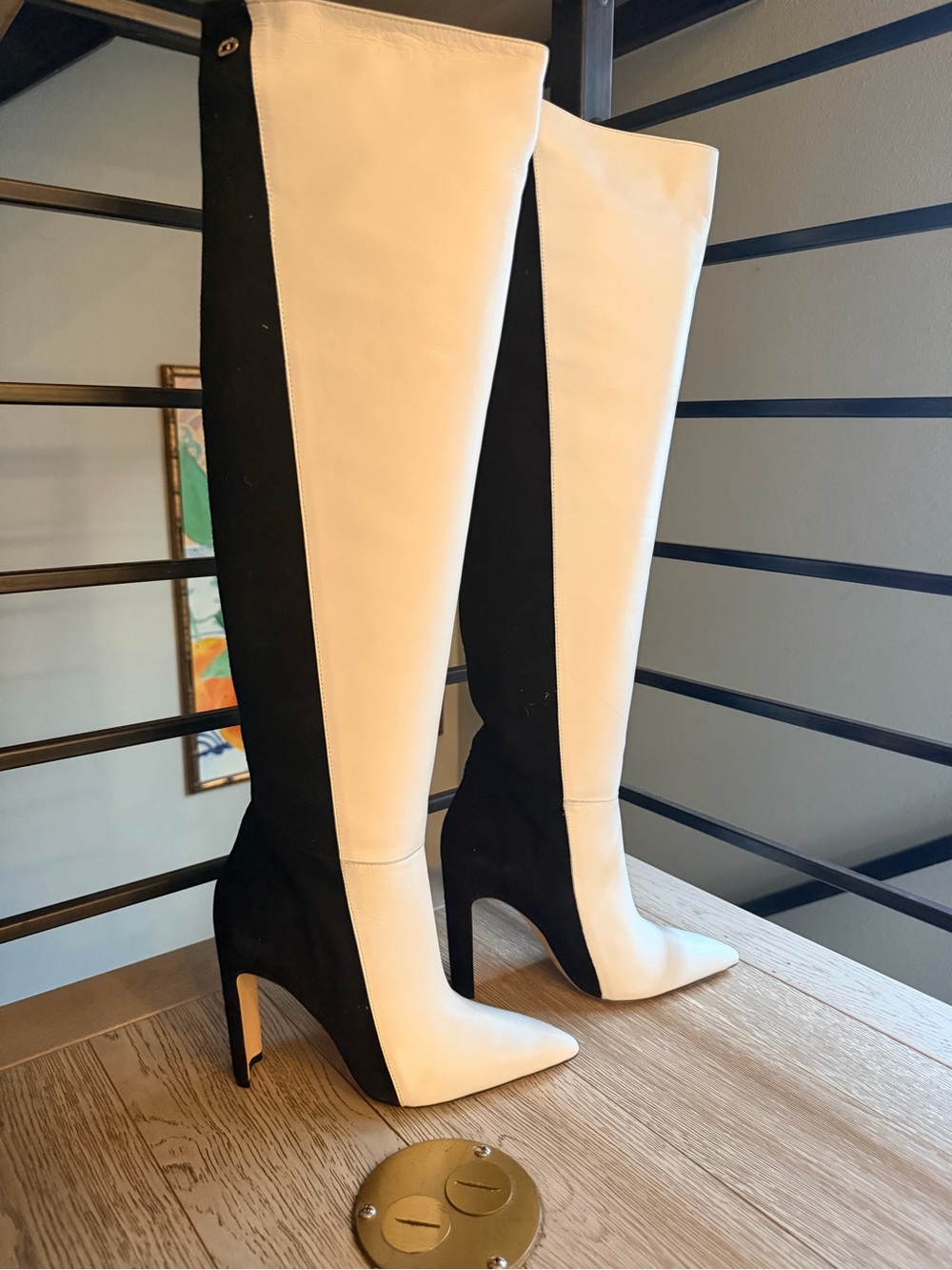 DEE OCLEPPO OTK/Knee High Two-Tone Black & White Leather/Suede Boots (38/8) NIB